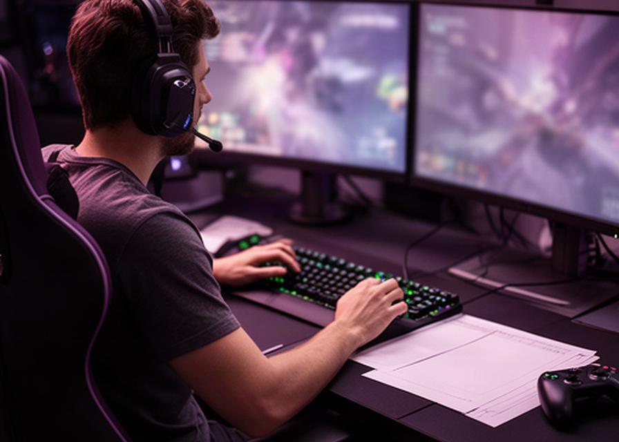 Game designer reviewing a multiplayer session at a studio workstation, with a headset and level notes beside the monitor