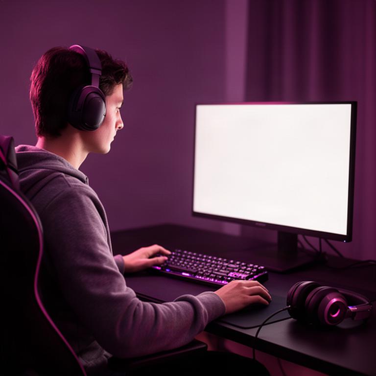 Player seated at a computer in a softly lit gaming room, with a keyboard and headset on the desk