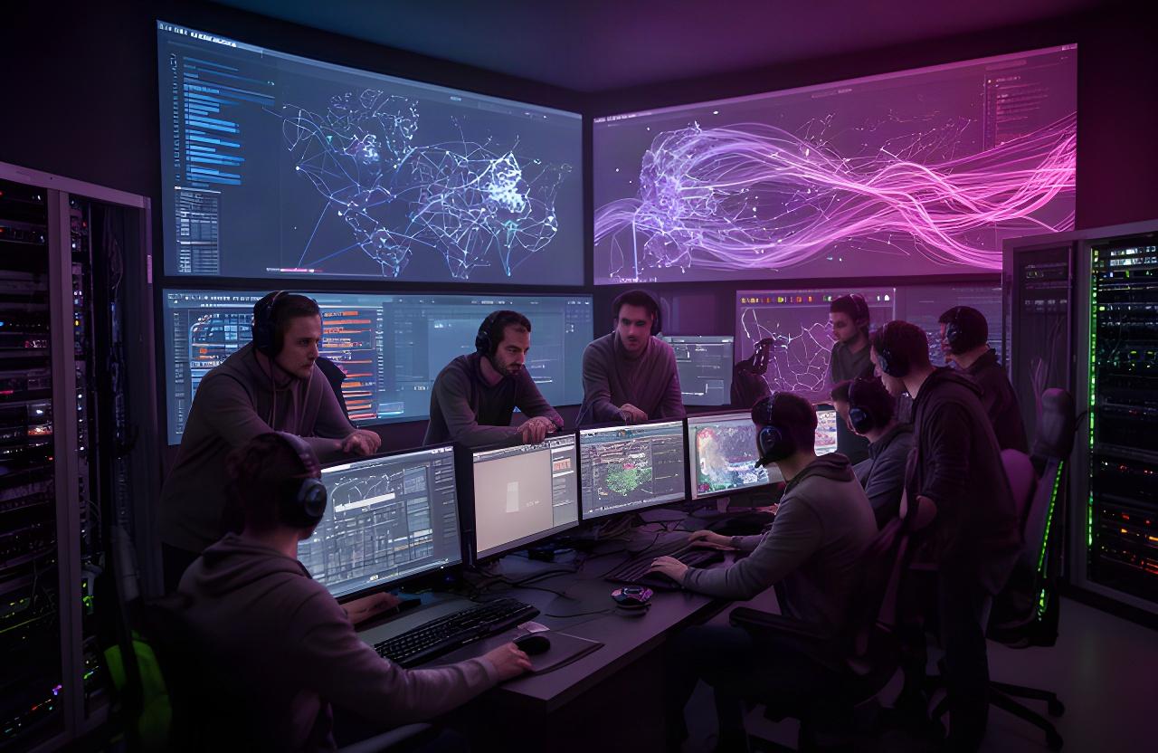 Game operations team monitoring a multiplayer session in a dimly lit studio with regional server activity on their screens