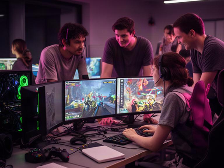 Game developers reviewing a multiplayer playtest at computer stations in a Pembroke studio