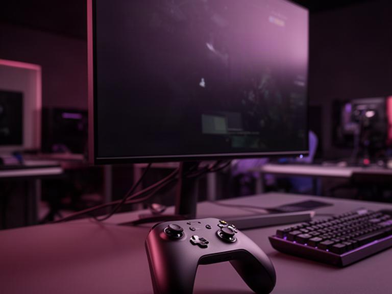 Game controller beside a widescreen monitor on the Pembroke development floor, with a workstation ready for a multiplayer test